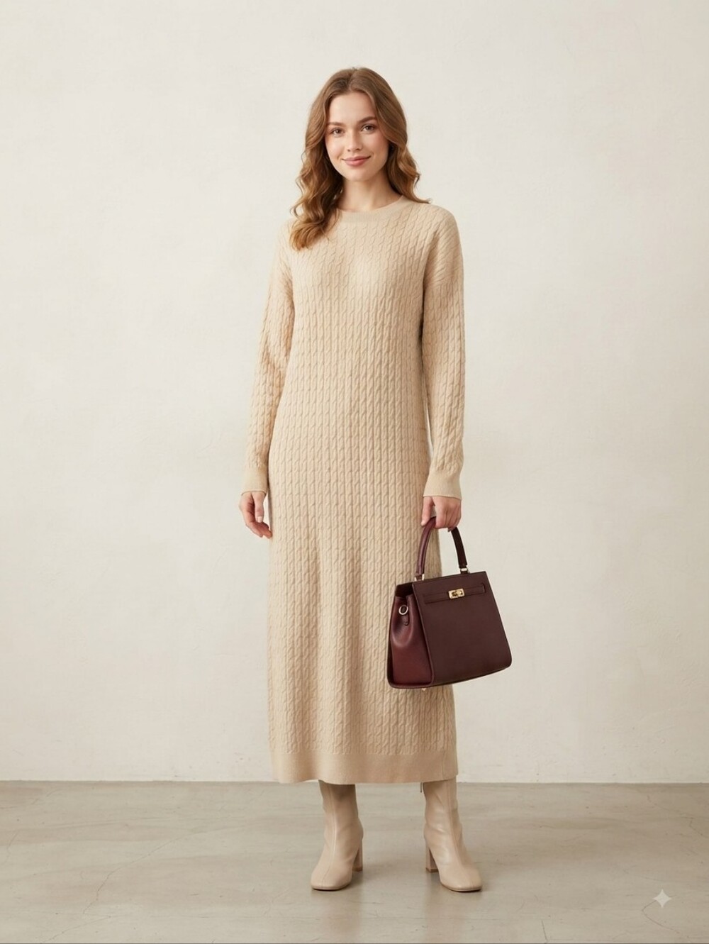 Treasure & Bond Beige Cable-Knit Maxi Sweater Dress